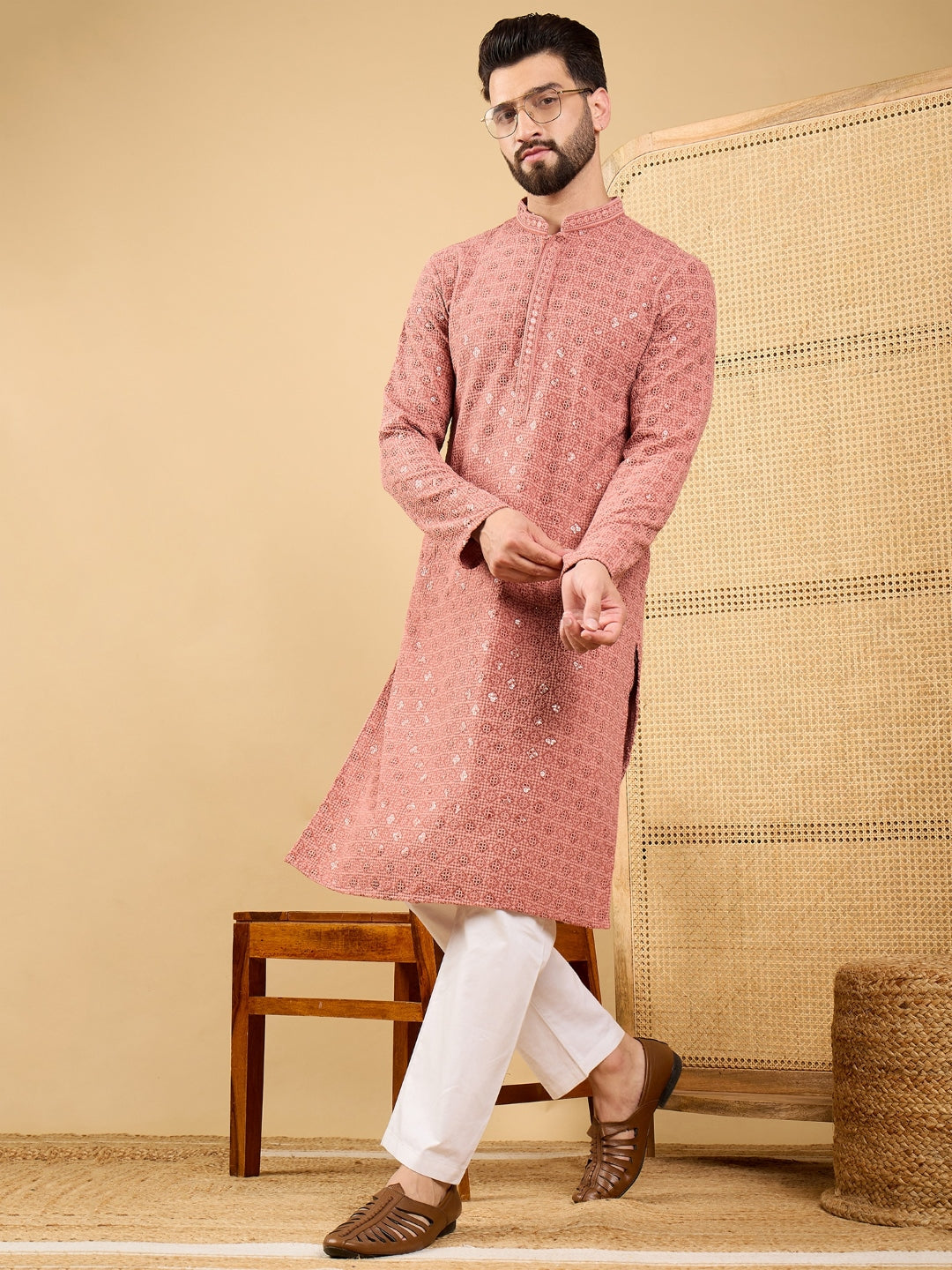 Men Rust Viscose Rayon Solid Embroidered Straight Kurta with Trouser-MKSET1055