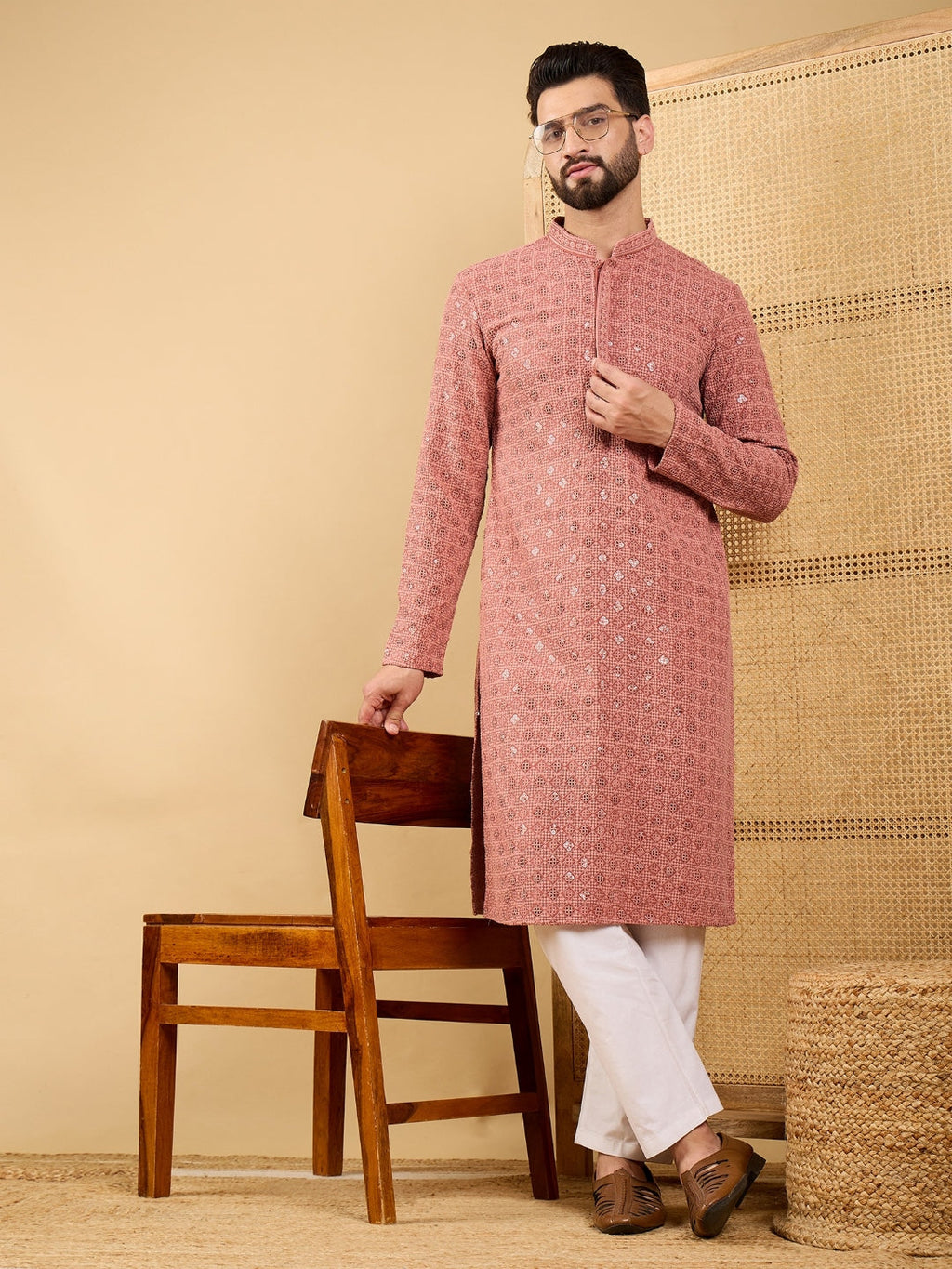 Men Rust Viscose Rayon Solid Embroidered Straight Kurta with Trouser-MKSET1055