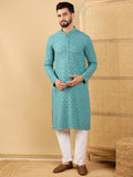 Men Blue Viscose Rayon Solid Embroidered Straight Kurta with Trouser-MKSET1056