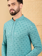 Men Blue Viscose Rayon Solid Embroidered Straight Kurta with Trouser-MKSET1056
