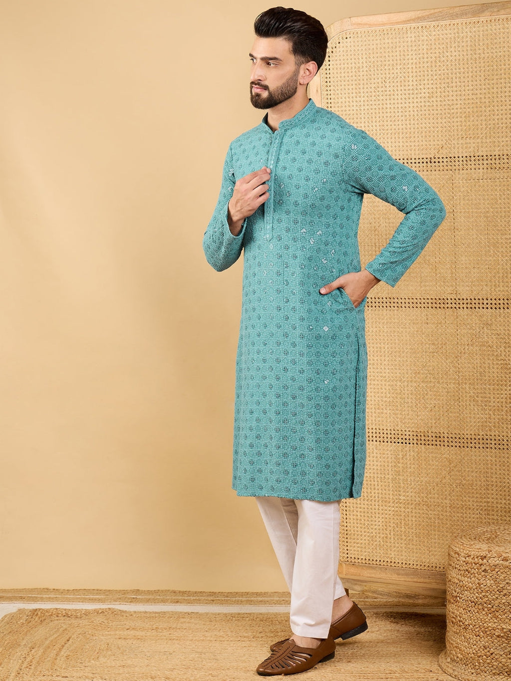 Men Blue Viscose Rayon Solid Embroidered Straight Kurta with Trouser-MKSET1056