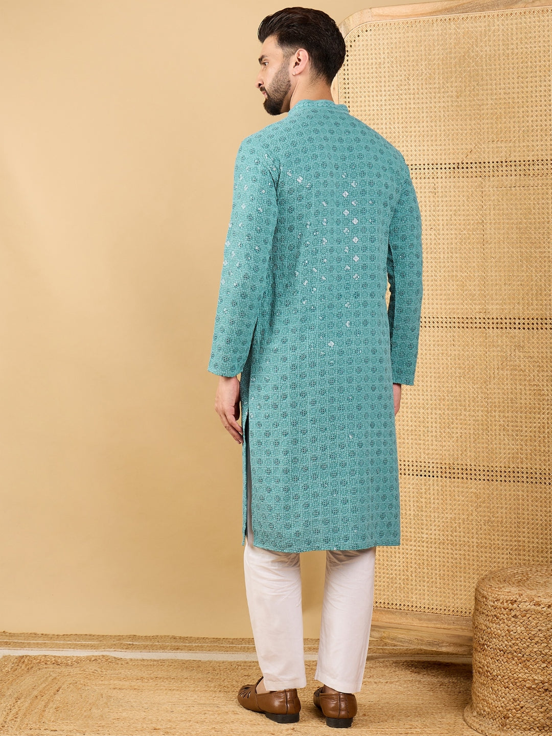 Men Blue Viscose Rayon Solid Embroidered Straight Kurta with Trouser-MKSET1056