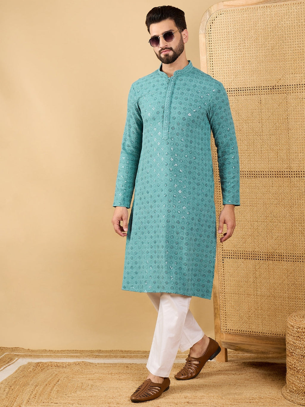 Men Blue Viscose Rayon Solid Embroidered Straight Kurta with Trouser-MKSET1056