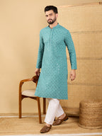 Men Blue Viscose Rayon Solid Embroidered Straight Kurta with Trouser-MKSET1056