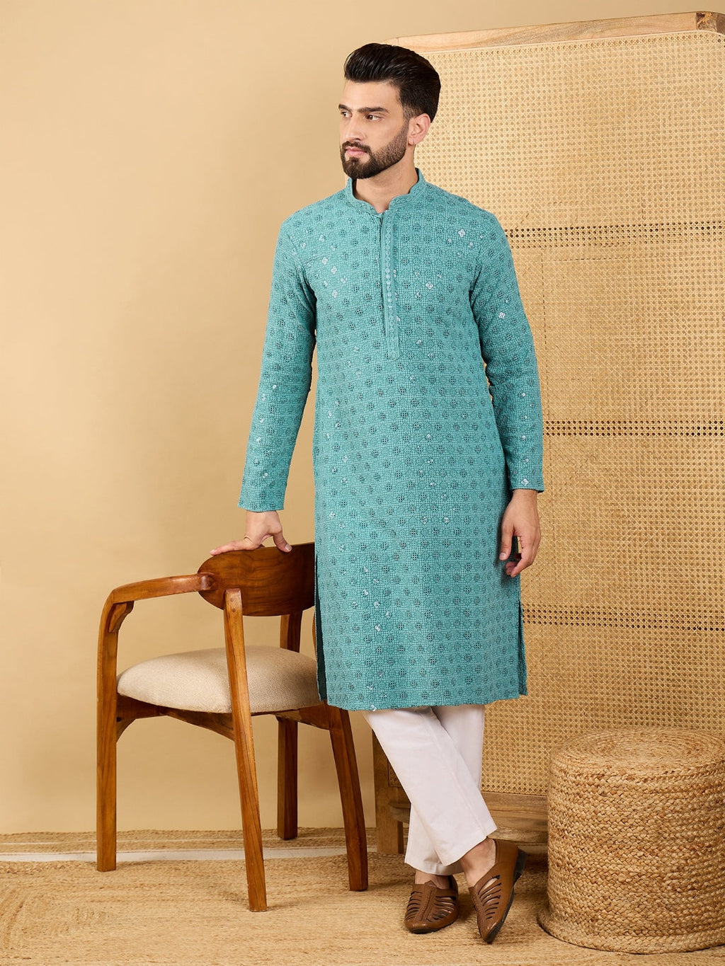 Men Blue Viscose Rayon Solid Embroidered Straight Kurta with Trouser-MKSET1056