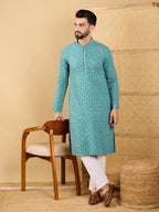 Men Blue Viscose Rayon Solid Embroidered Straight Kurta with Trouser-MKSET1056