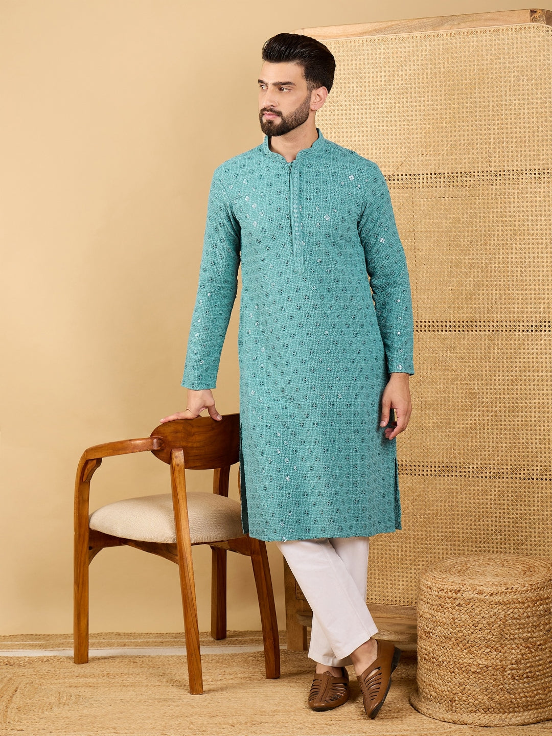Men Blue Viscose Rayon Solid Embroidered Straight Kurta with Trouser-MKSET1056