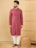Men Red Viscose Rayon Solid Embroidered Straight Kurta with Trouser-MKSET1057