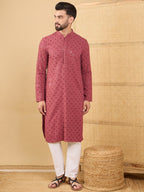 Men Red Viscose Rayon Solid Embroidered Straight Kurta with Trouser-MKSET1057