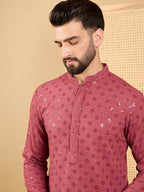 Men Red Viscose Rayon Solid Embroidered Straight Kurta with Trouser-MKSET1057
