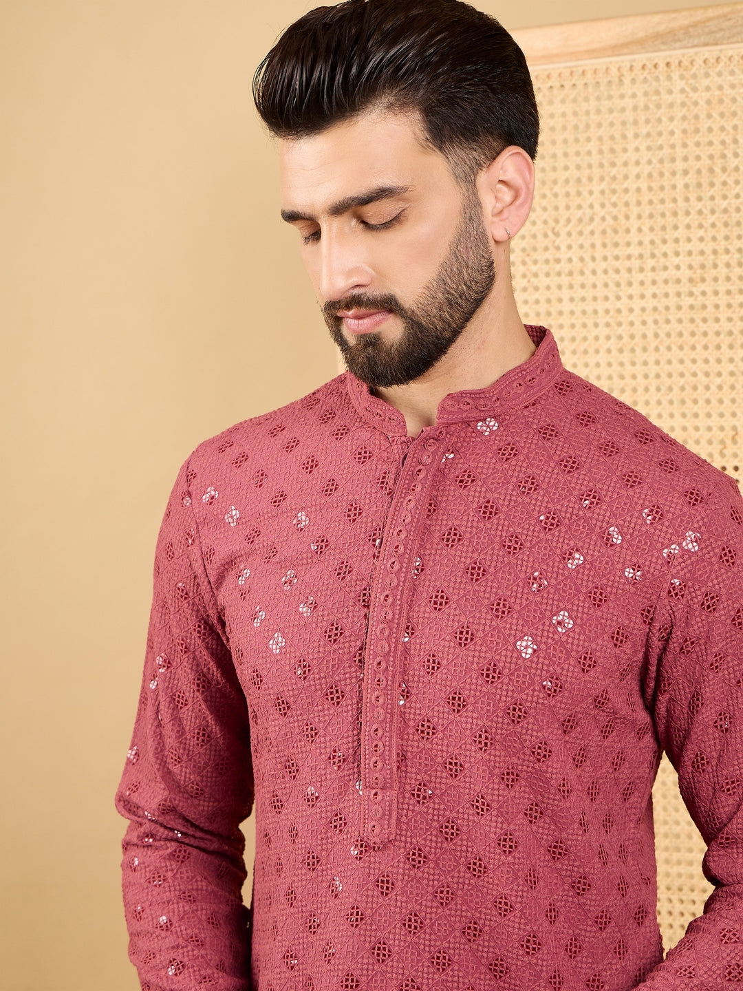 Men Red Viscose Rayon Solid Embroidered Straight Kurta with Trouser-MKSET1057