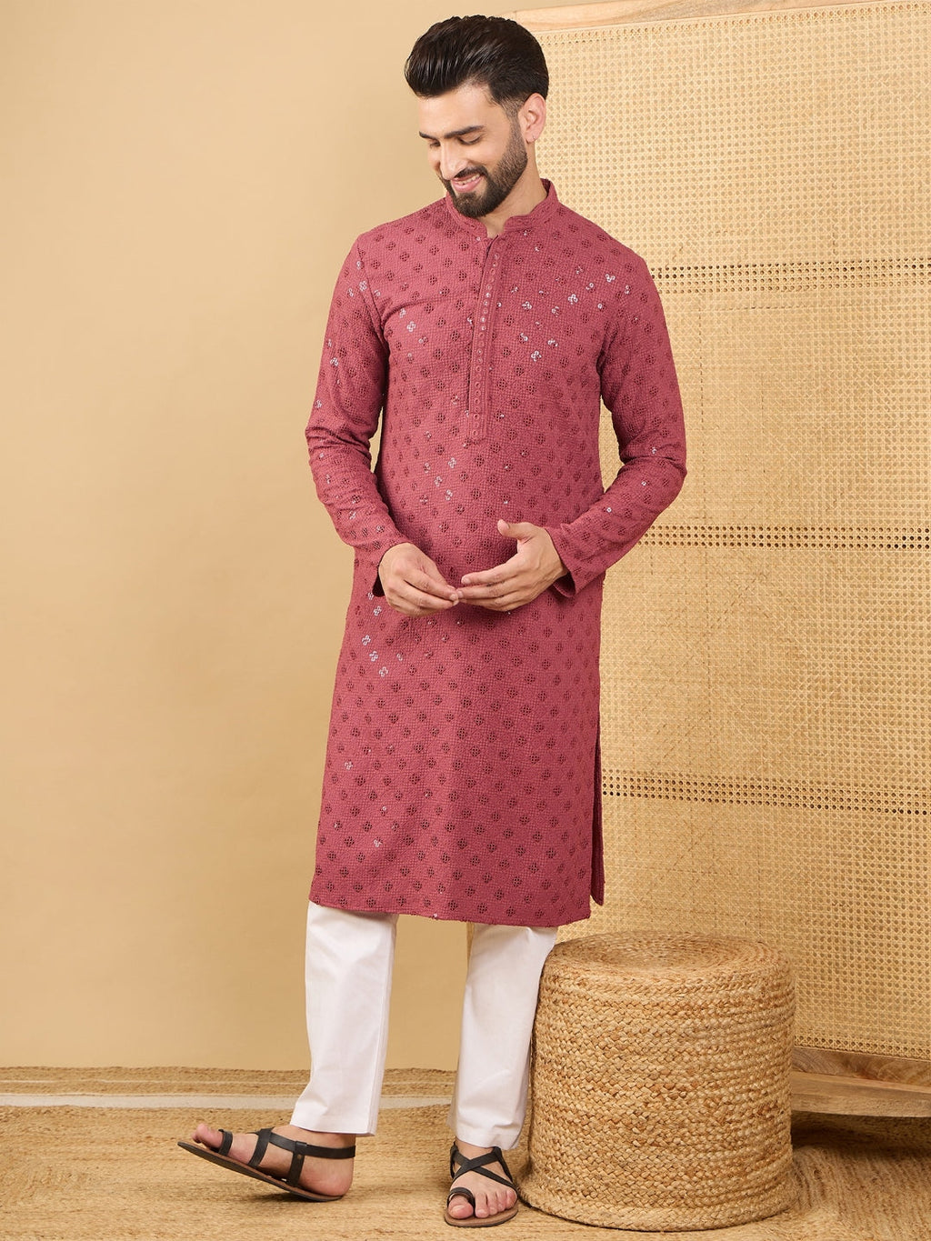 Men Red Viscose Rayon Solid Embroidered Straight Kurta with Trouser-MKSET1057