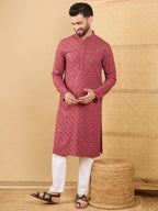 Men Red Viscose Rayon Solid Embroidered Straight Kurta with Trouser-MKSET1057