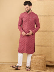 Men Red Viscose Rayon Solid Embroidered Straight Kurta with Trouser-MKSET1057