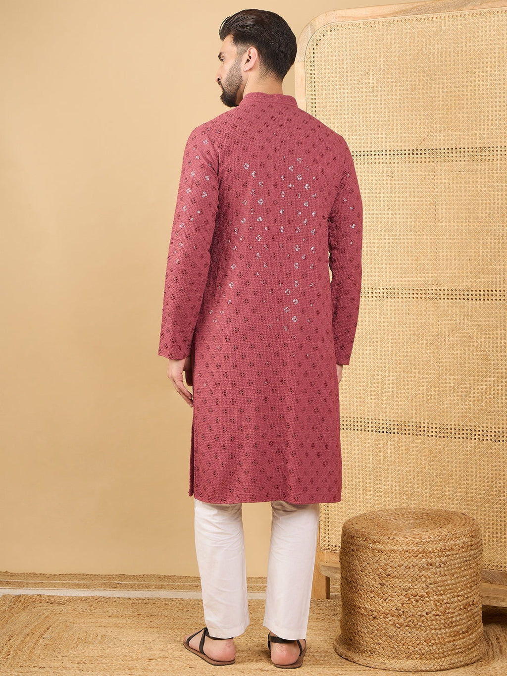 Men Red Viscose Rayon Solid Embroidered Straight Kurta with Trouser-MKSET1057