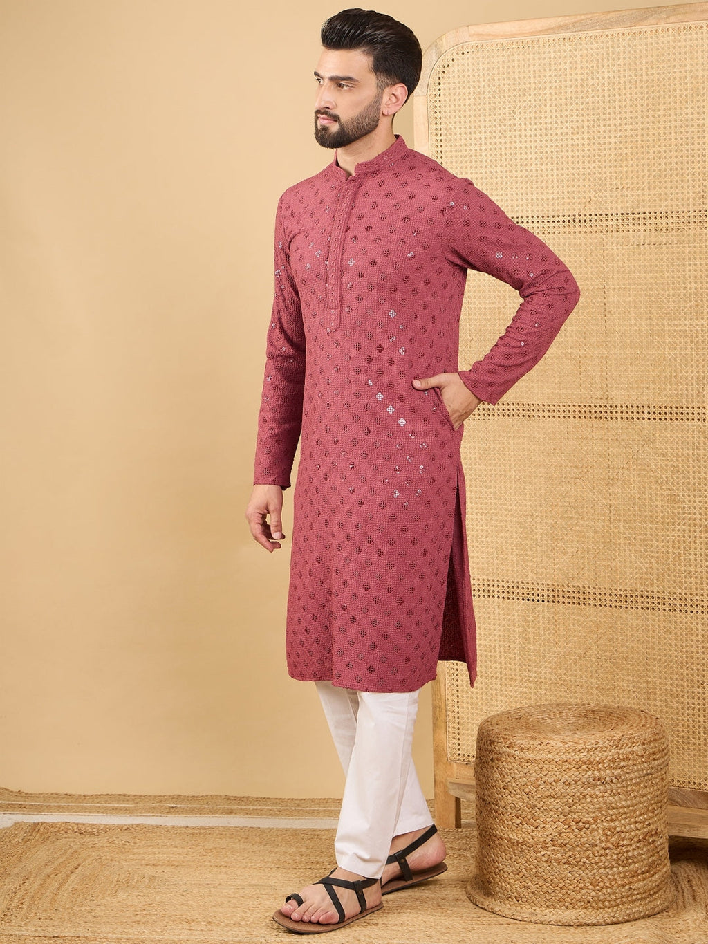 Men Red Viscose Rayon Solid Embroidered Straight Kurta with Trouser-MKSET1057