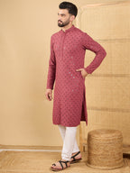 Men Red Viscose Rayon Solid Embroidered Straight Kurta with Trouser-MKSET1057