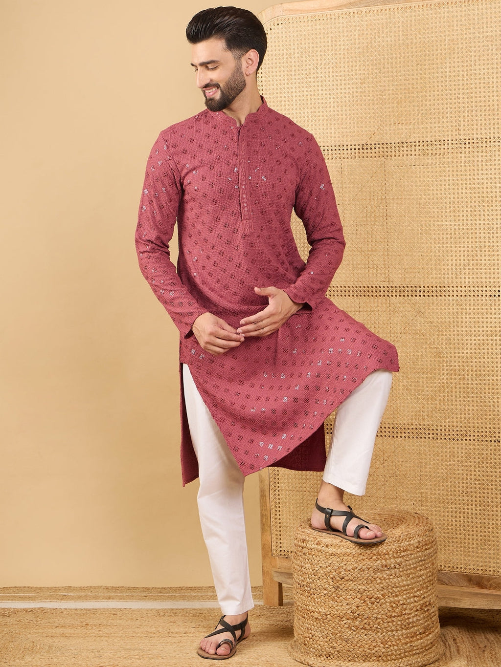 Men Red Viscose Rayon Solid Embroidered Straight Kurta with Trouser-MKSET1057