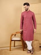 Men Red Viscose Rayon Solid Embroidered Straight Kurta with Trouser-MKSET1057