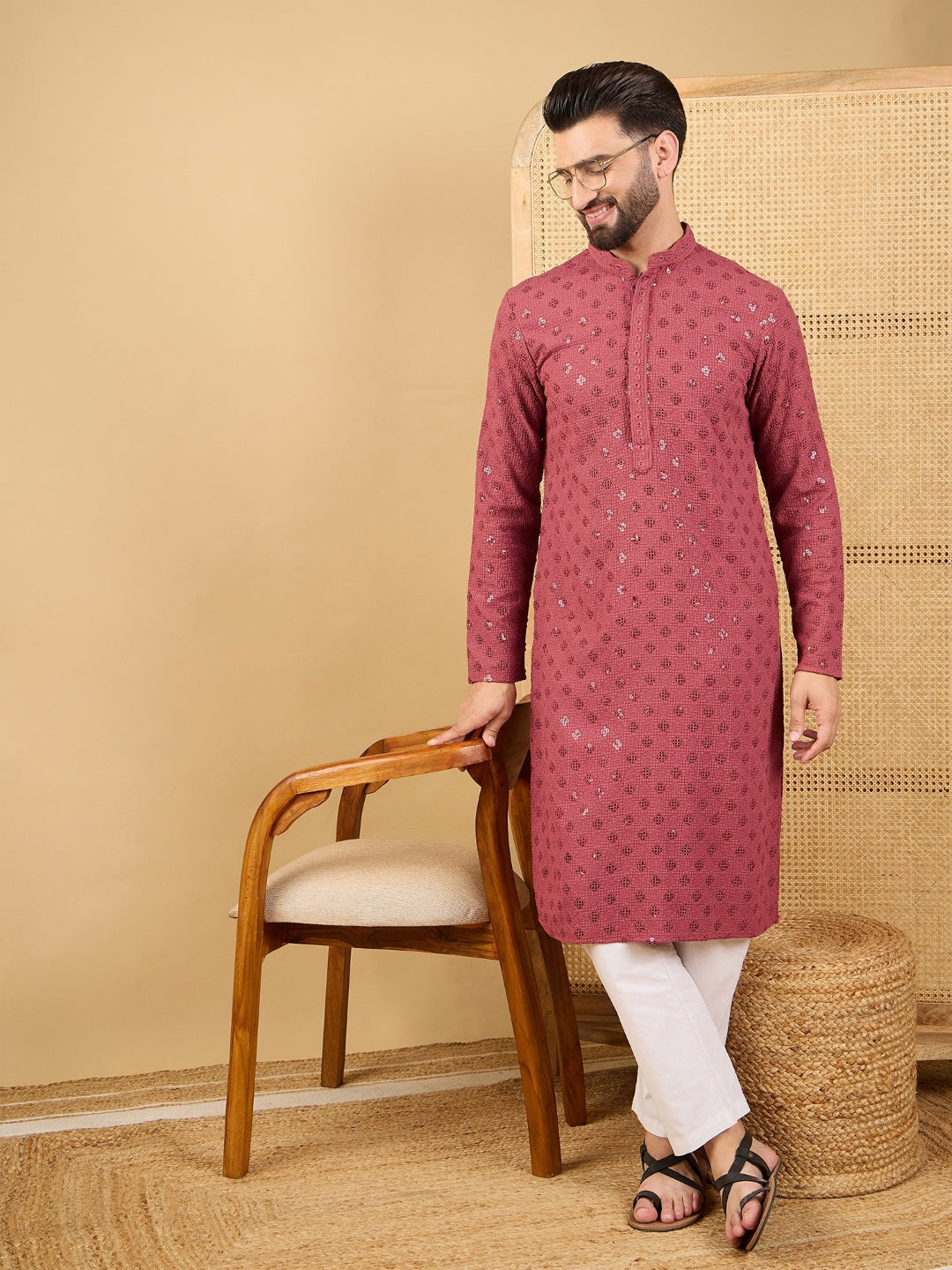 Men Red Viscose Rayon Solid Embroidered Straight Kurta with Trouser-MKSET1057