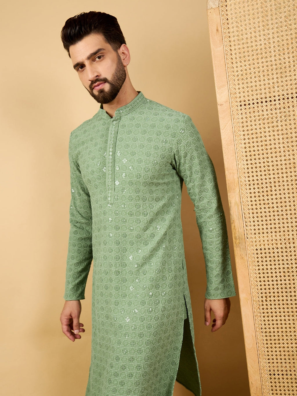Men Green Viscose Rayon Solid Embroidered Straight Kurta with Trousers-MKSET1058