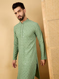 Men Green Viscose Rayon Solid Embroidered Straight Kurta with Trousers-MKSET1058