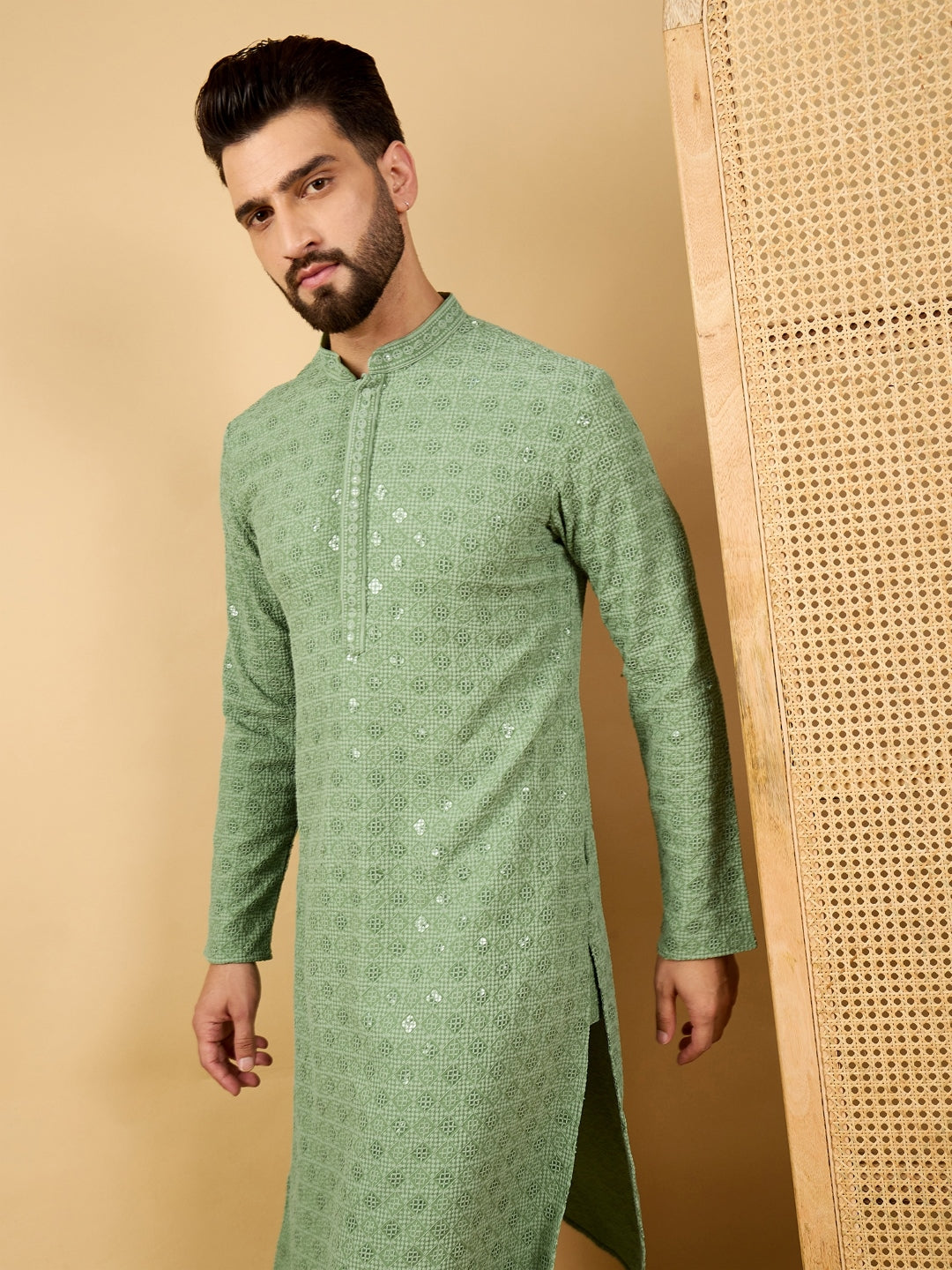 Men Green Viscose Rayon Solid Embroidered Straight Kurta with Trousers-MKSET1058