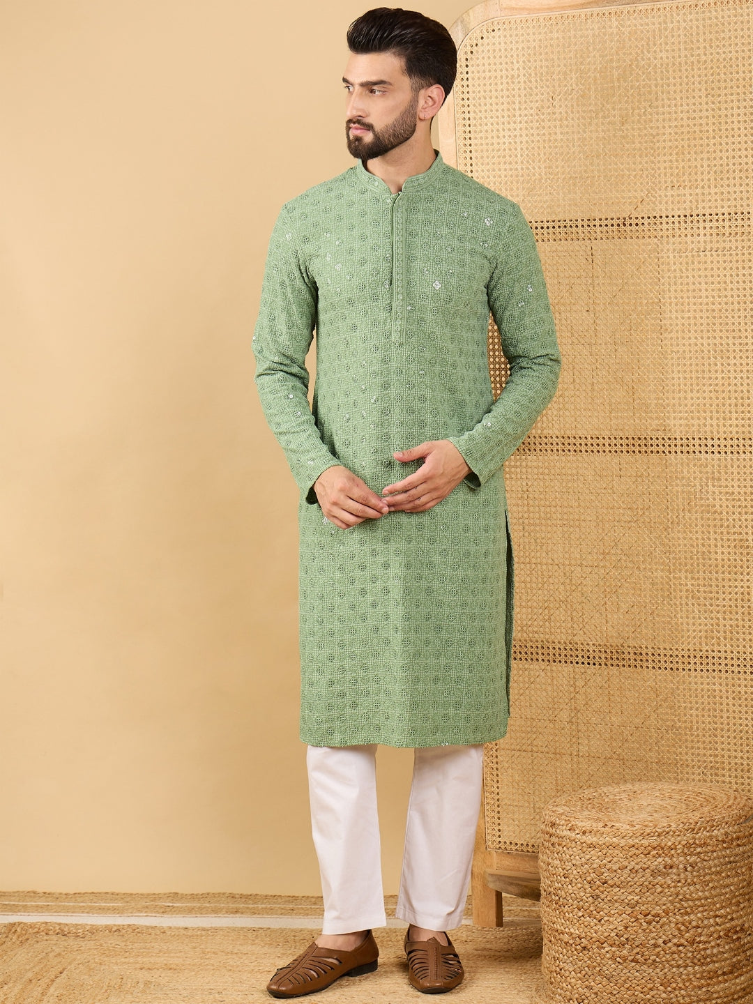 Men Green Viscose Rayon Solid Embroidered Straight Kurta with Trousers-MKSET1058