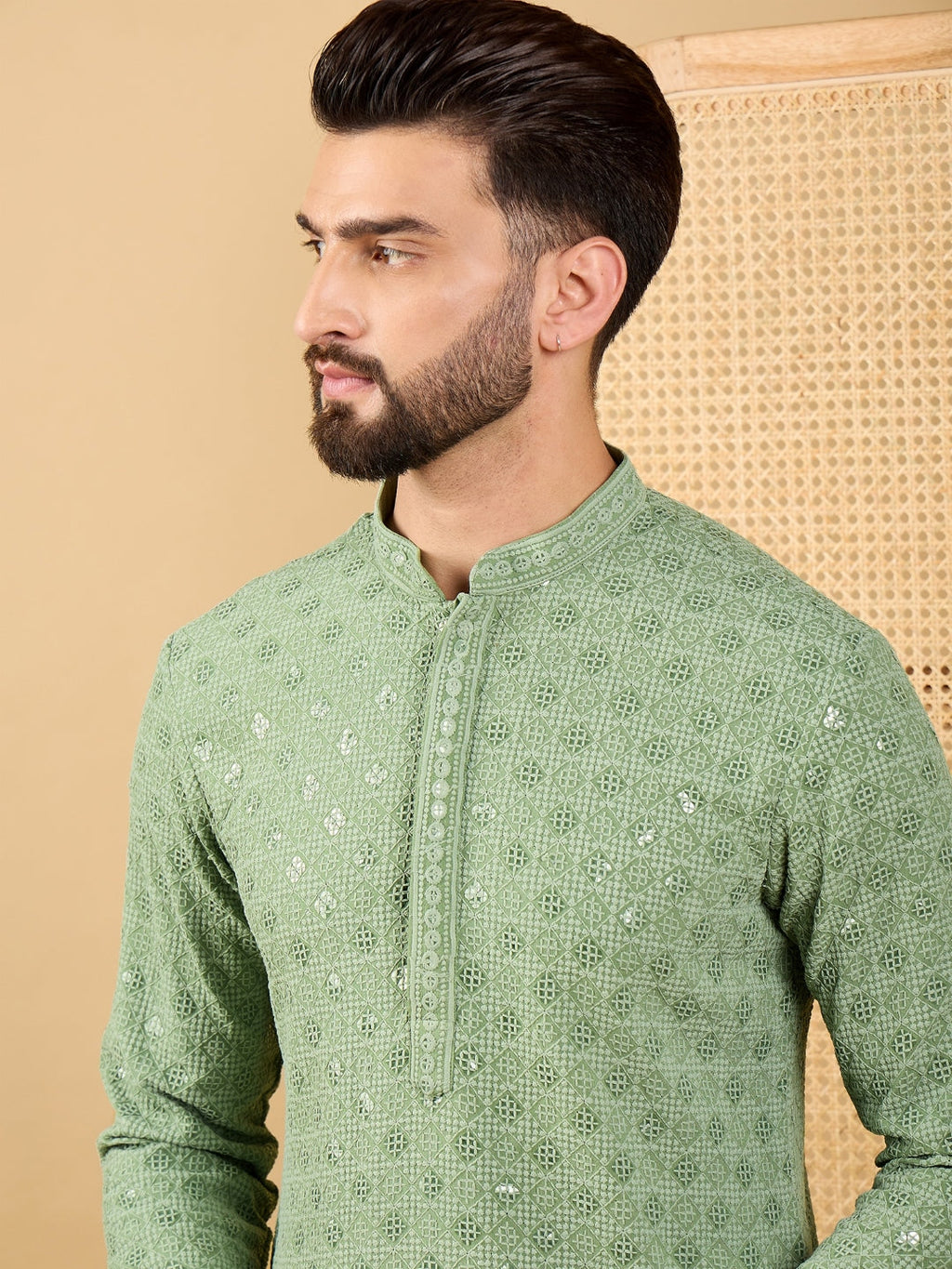 Men Green Viscose Rayon Solid Embroidered Straight Kurta with Trousers-MKSET1058