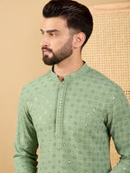 Men Green Viscose Rayon Solid Embroidered Straight Kurta with Trousers-MKSET1058
