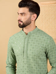 Men Green Viscose Rayon Solid Embroidered Straight Kurta with Trousers-MKSET1058
