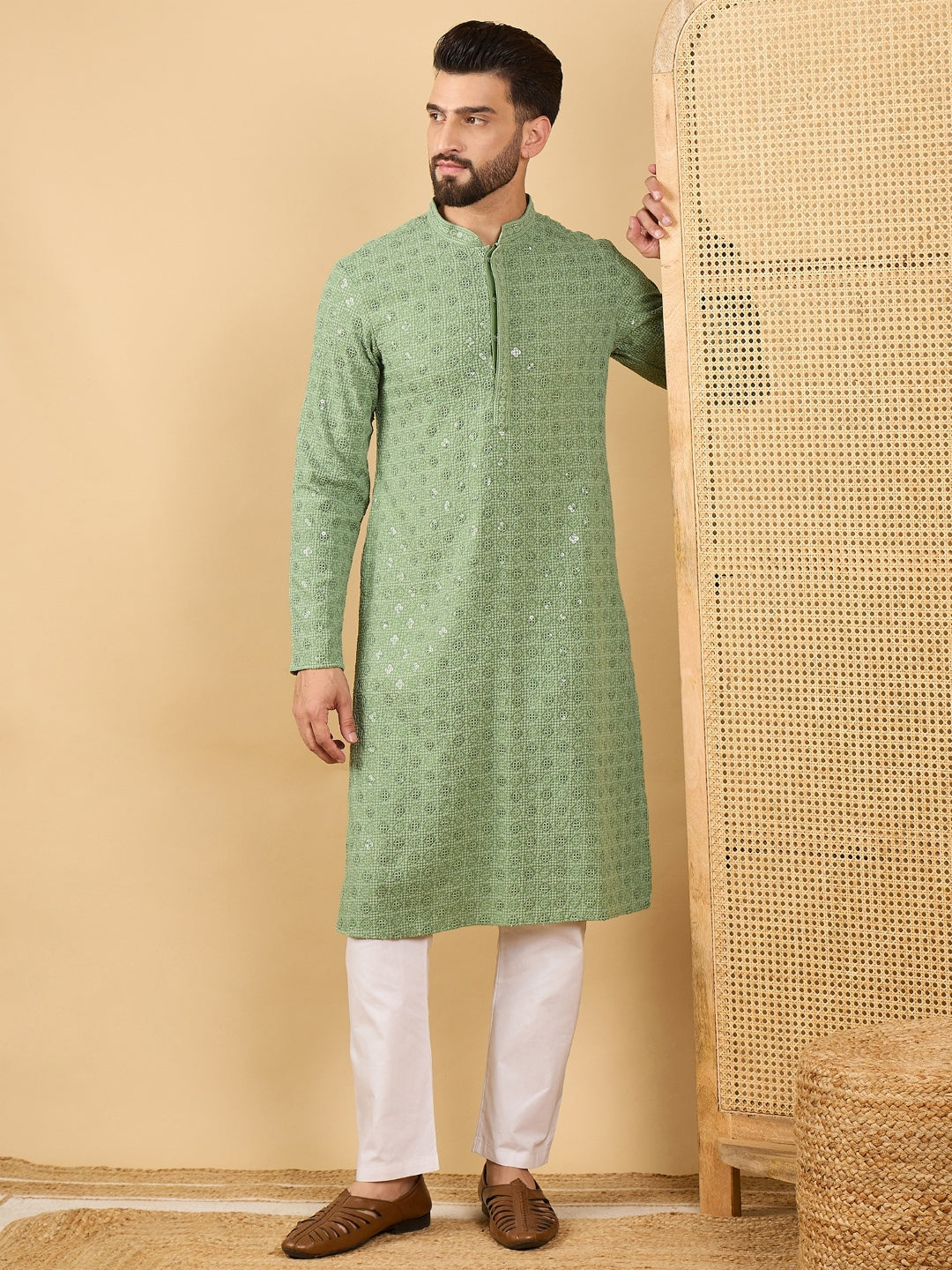 Men Green Viscose Rayon Solid Embroidered Straight Kurta with Trousers-MKSET1058
