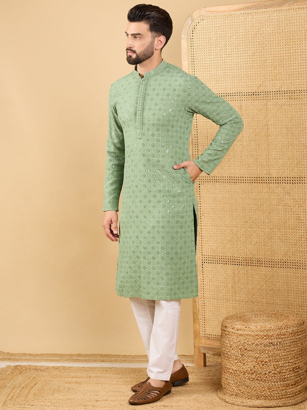 Men Green Viscose Rayon Solid Embroidered Straight Kurta with Trousers-MKSET1058