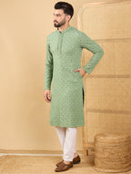 Men Green Viscose Rayon Solid Embroidered Straight Kurta with Trousers-MKSET1058