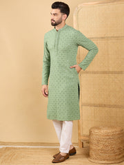 Men Green Viscose Rayon Solid Embroidered Straight Kurta with Trousers-MKSET1058