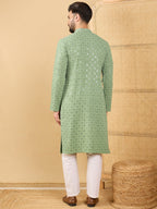 Men Green Viscose Rayon Solid Embroidered Straight Kurta with Trousers-MKSET1058