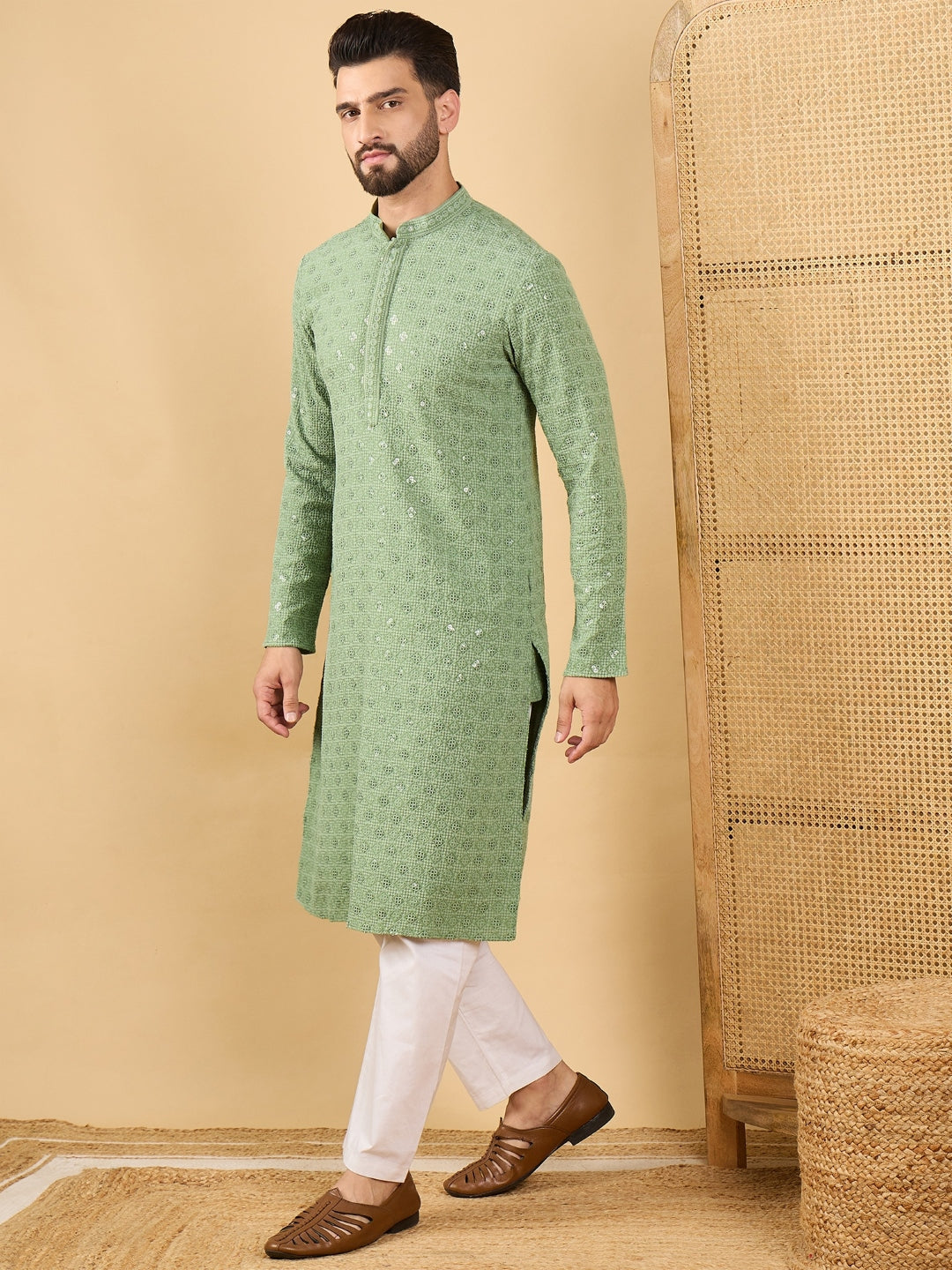 Men Green Viscose Rayon Solid Embroidered Straight Kurta with Trousers-MKSET1058