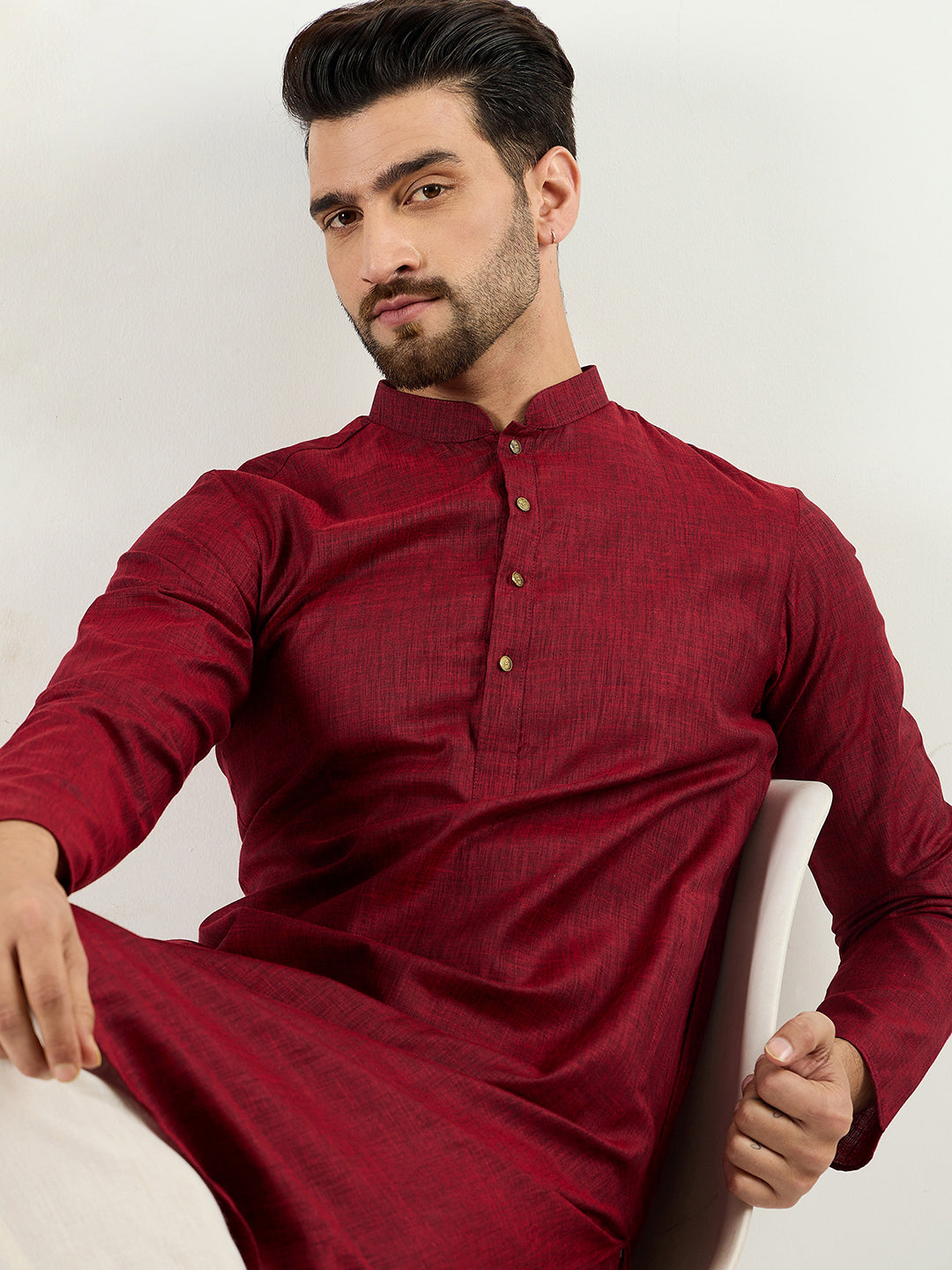 Men Maroon Pure Cotton Solid Woven Design Straight Kurta with Trousers-MKSET1096