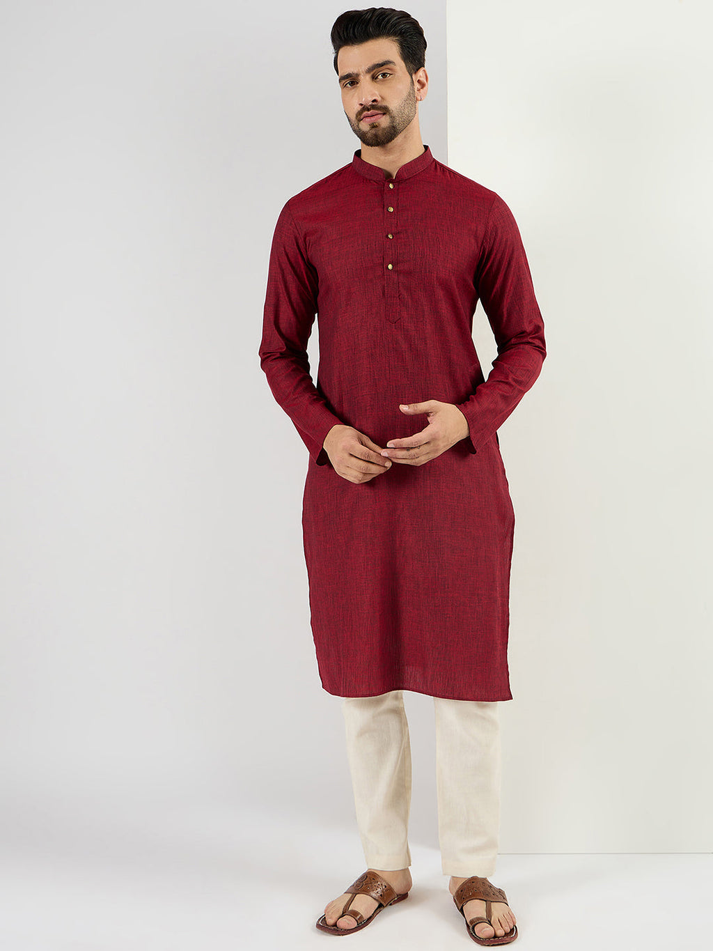 Men Maroon Pure Cotton Solid Woven Design Straight Kurta with Trousers-MKSET1096