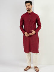 Men Maroon Pure Cotton Solid Woven Design Straight Kurta with Trousers-MKSET1096