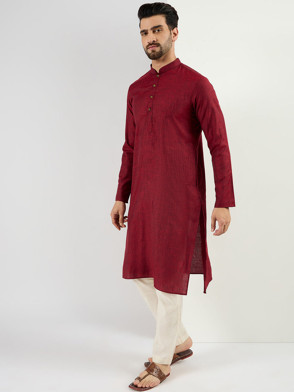 Men Maroon Pure Cotton Solid Woven Design Straight Kurta with Trousers-MKSET1096