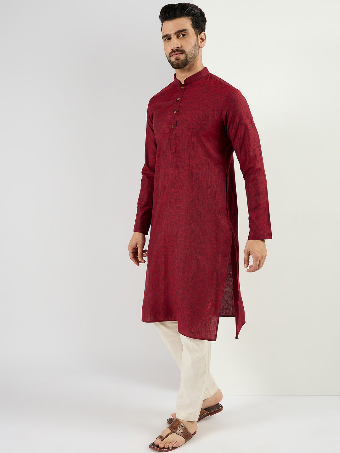 Men Maroon Pure Cotton Solid Woven Design Straight Kurta with Trousers-MKSET1096