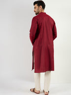 Men Maroon Pure Cotton Solid Woven Design Straight Kurta with Trousers-MKSET1096