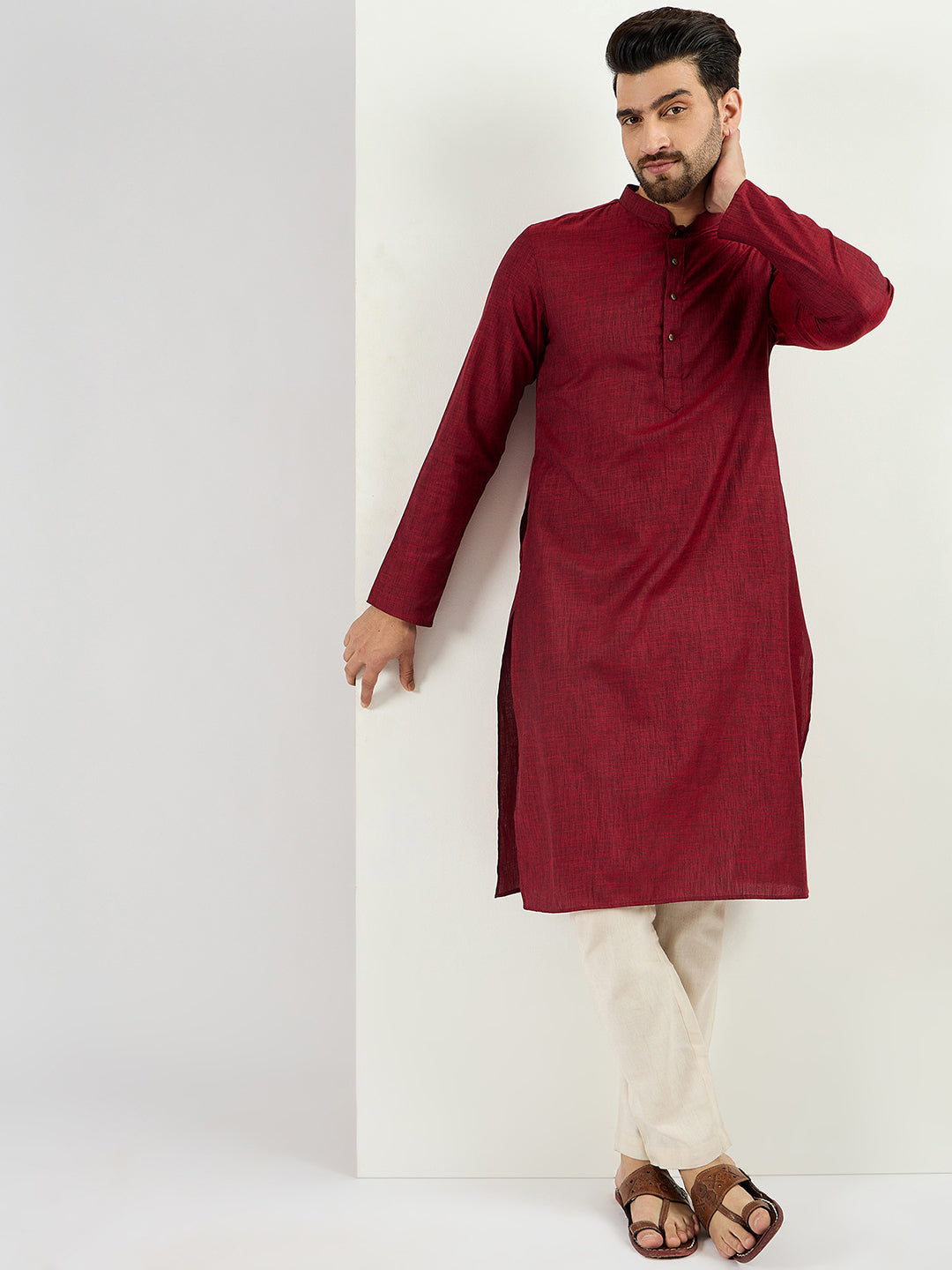 Men Maroon Pure Cotton Solid Woven Design Straight Kurta with Trousers-MKSET1096