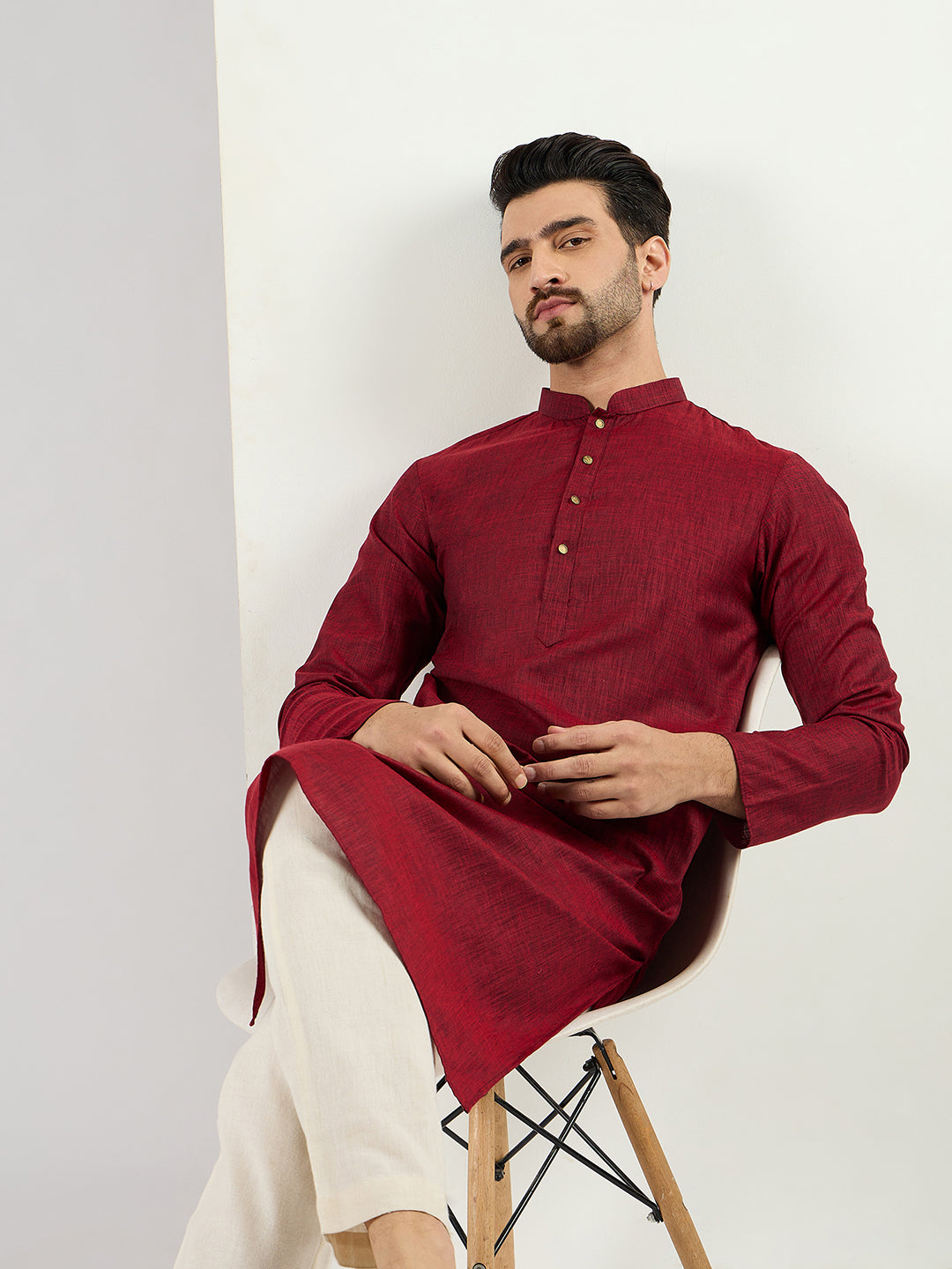Men Maroon Pure Cotton Solid Woven Design Straight Kurta with Trousers-MKSET1096