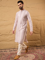 Men Lavender Viscose Rayon Solid Embroidered Straight Kurta with Trousers-MKSET1101