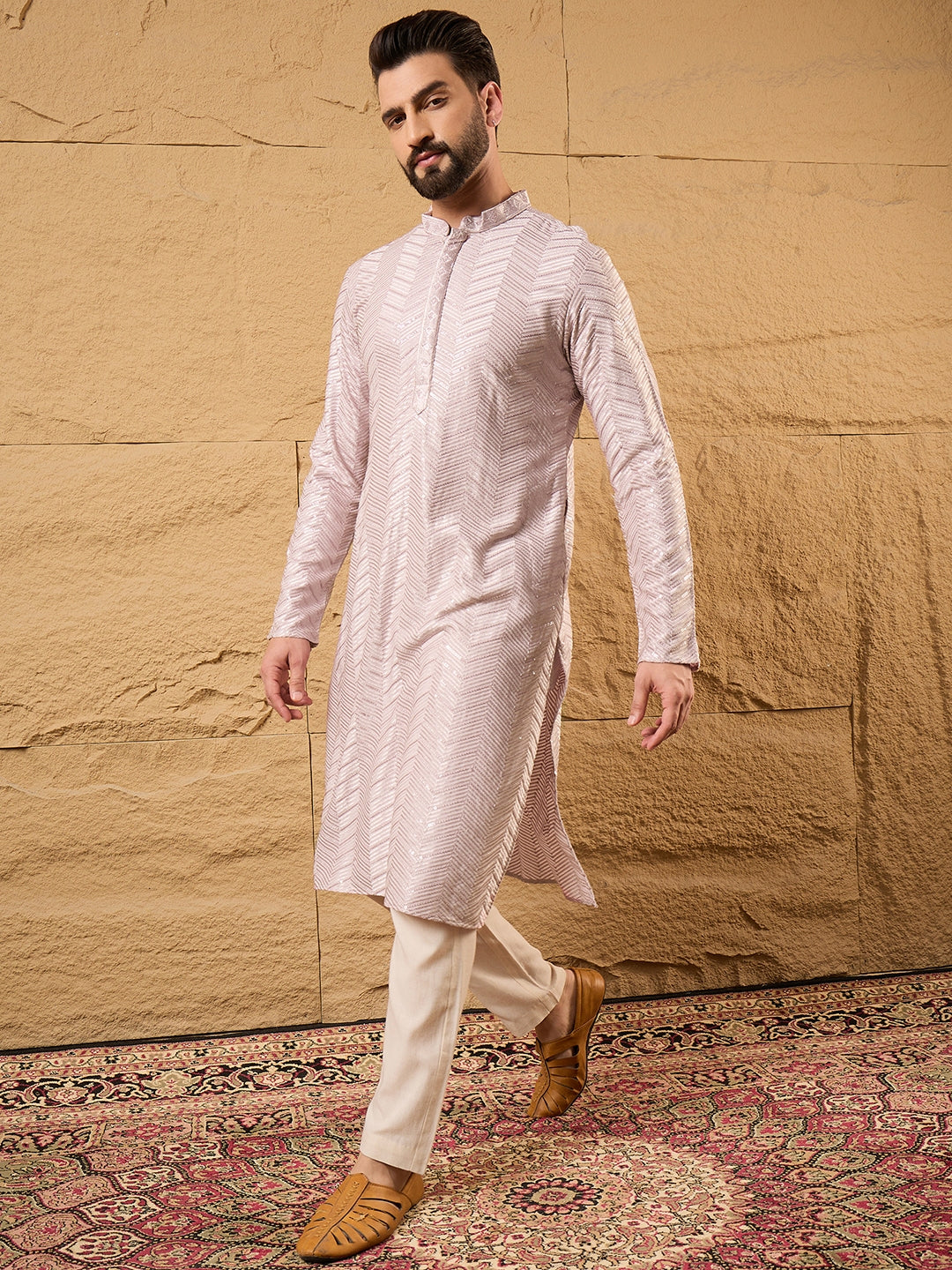 Men Lavender Viscose Rayon Solid Embroidered Straight Kurta with Trousers-MKSET1101