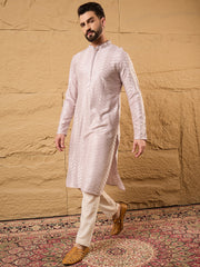 Men Lavender Viscose Rayon Solid Embroidered Straight Kurta with Trousers-MKSET1101