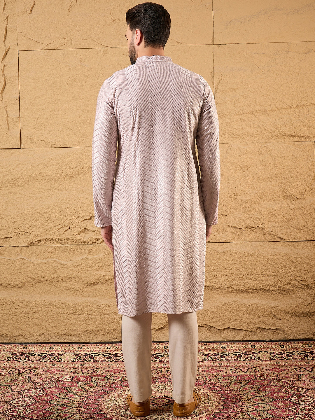 Men Lavender Viscose Rayon Solid Embroidered Straight Kurta with Trousers-MKSET1101