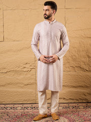 Men Lavender Viscose Rayon Solid Embroidered Straight Kurta with Trousers-MKSET1101